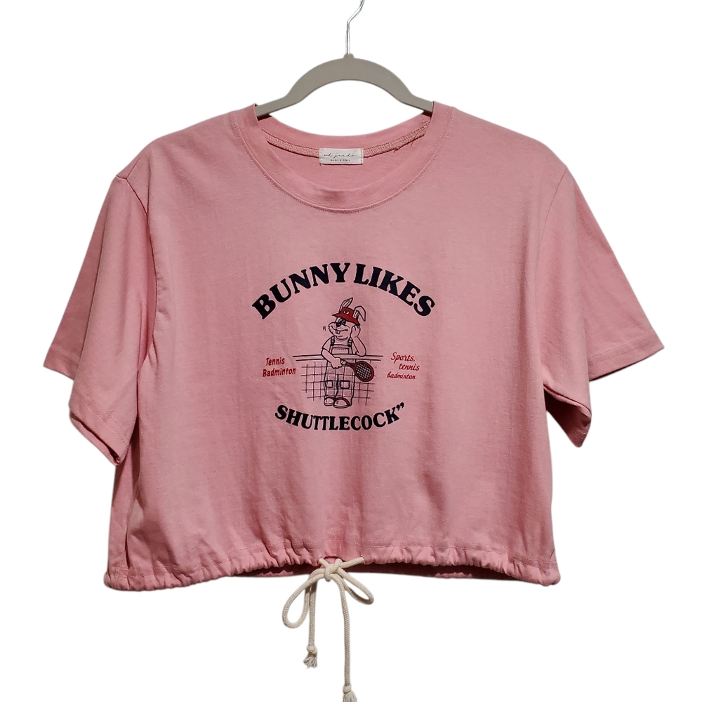Bunny Likes Shuttlecock Pink Graphic Crop Cinched Tie Top